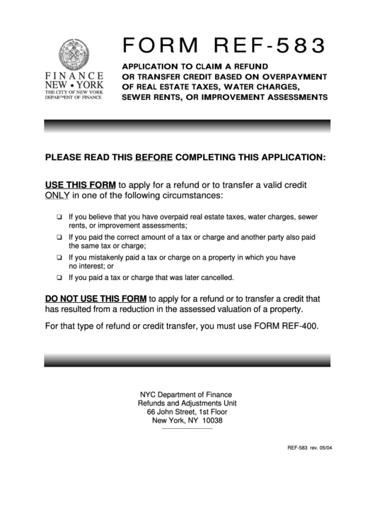 Form Ref-583 - Application To Claim A Refund Or Transfer Credit Based On Overpayment Of Real Estate Taxes, Water Charges, Sewer Rents, Or Improvement Assessments Printable pdf