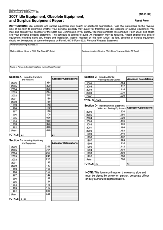 Fillable Form 2698 - Idle Equipment, Obsolete Equipment, And Surplus Equipment Report - 2007 Printable pdf