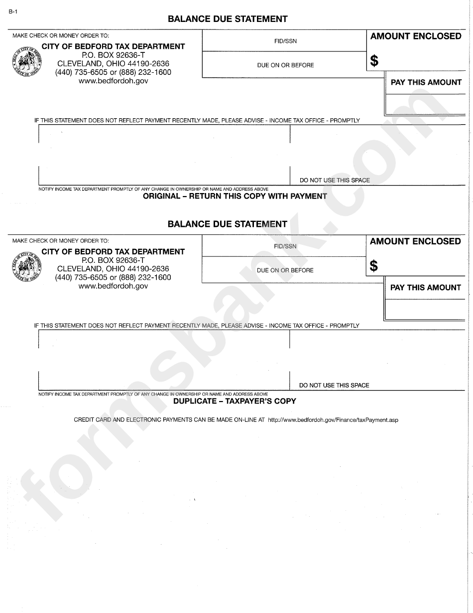 Form B 1 Balance Due Statement City Of Bedford printable pdf download