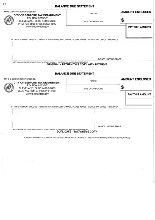 Form B-1 - Balance Due Statement - City Of Bedford Printable pdf