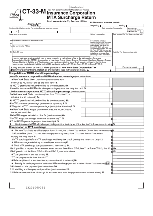 Form Ct-33-M - Insurance Corporation Mta Surcharge Return 2006 Printable pdf