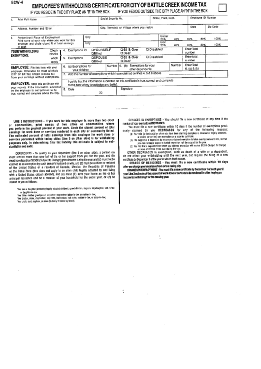 Form Bcw-4 - Employees Withholding Certificate For City Of Battle Creek Income Tax Printable pdf