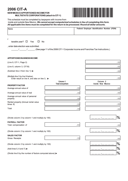 Form Cit - New Mexico Apportioned Income For Multistate Corporations - 2006 Printable pdf