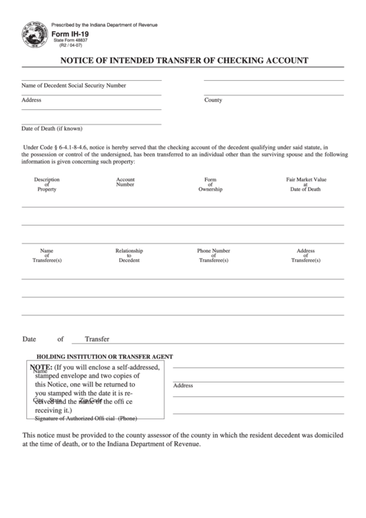 Fillable Form Ih-19 - Notice Of Intended Transfer Of Checking Account Printable pdf