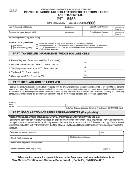 Form Pit - 8453 - Individual Income Tax Declaration For Electronic Filing And Transmittal - 2006 Printable pdf