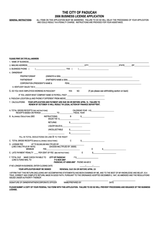 2006 Business License Application The City Of Paducah