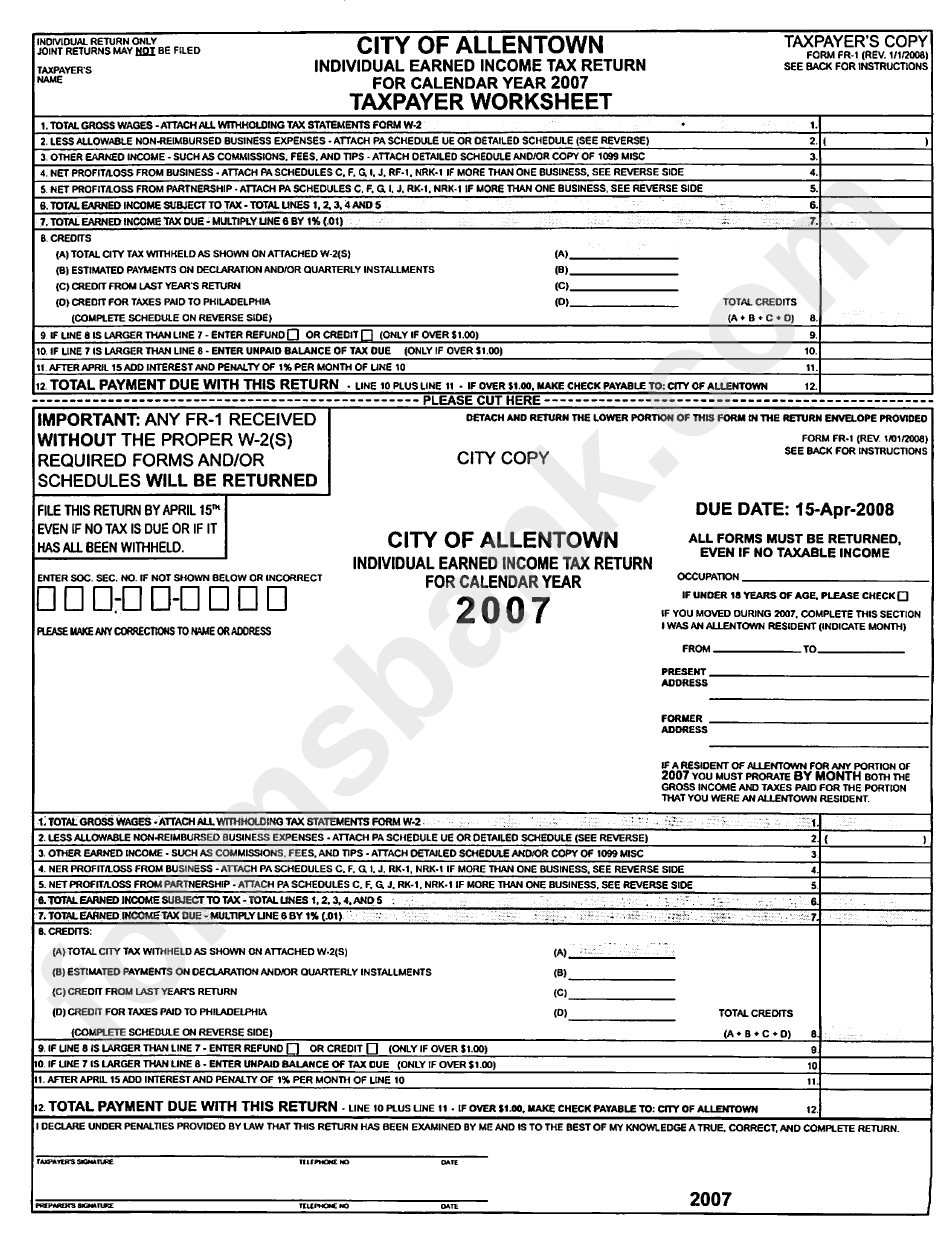 Form Fr-1 - City Of Allentown Individual Earned Income Tax Return Form 2007