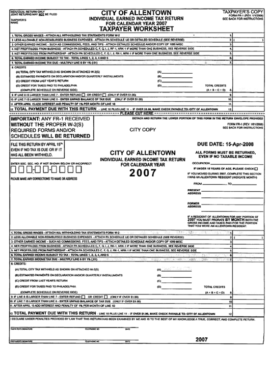 Form Fr-1 - City Of Allentown Individual Earned Income Tax Return Form 2007 Printable pdf