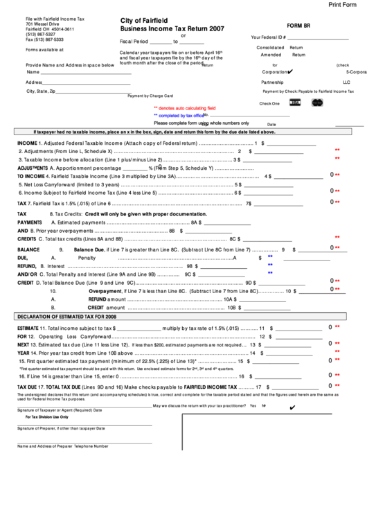 Fillable Form Br - City Of Fairfield Business Income Tax Return - 2007 Printable pdf