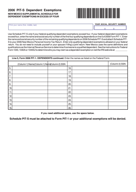 Form Pit-S - Dependent Exemptions 2006 Printable pdf
