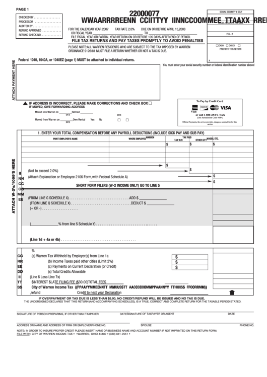 Income Tax Return Form - Warren City - 2007 Printable pdf