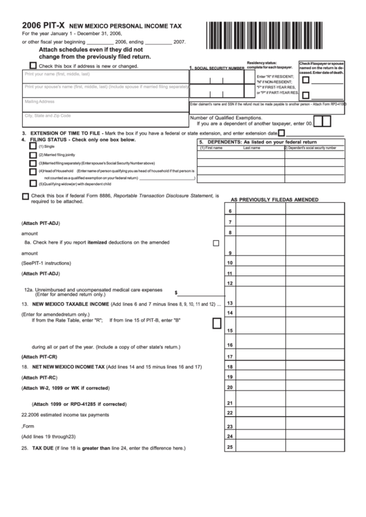 Form Pit-X - New Mexico Personal Income Tax 2006 Printable pdf
