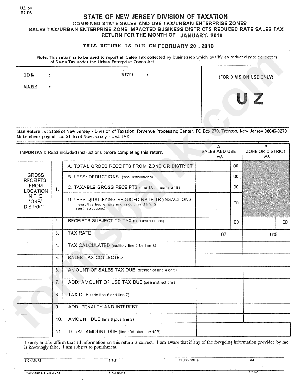 Form Uz-50 - Return For The Month Of January, 2010