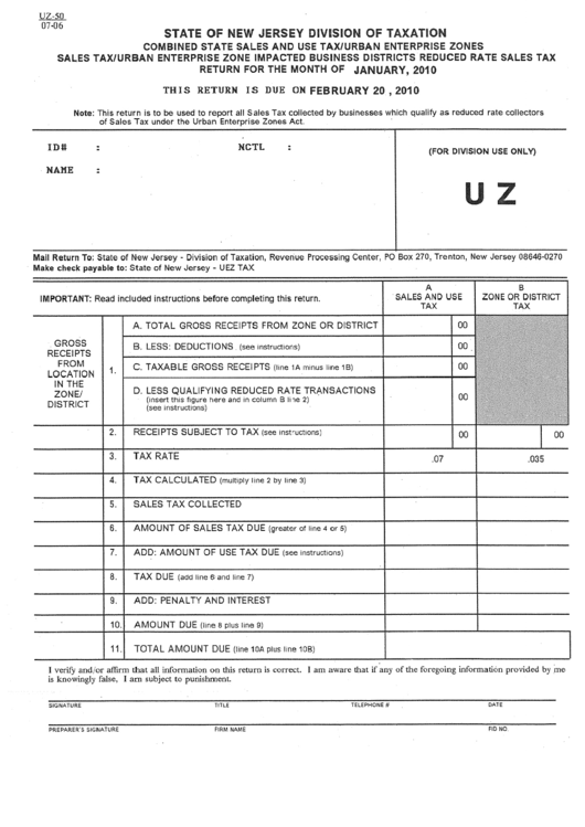 Form Uz-50 - Return For The Month Of January, 2010 Printable pdf