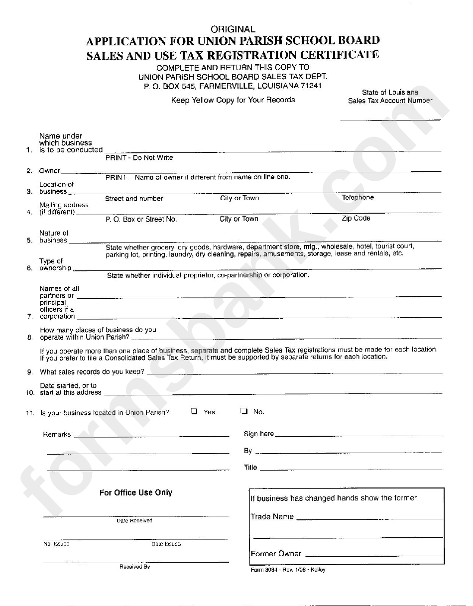 Application For Union Parish School Board Sales And Use Tax Registration Certificate Form