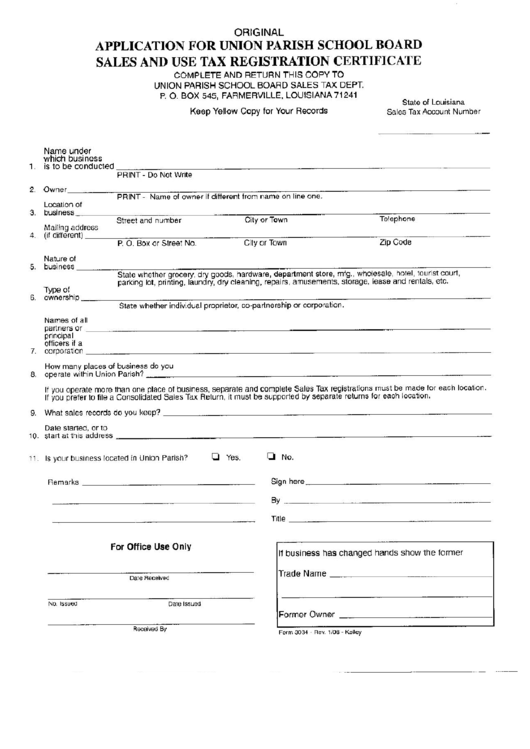Application For Union Parish School Board Sales And Use Tax Registration Certificate Form Printable pdf