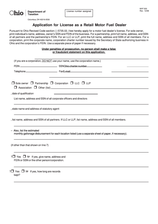 Fillable Form Mvf 203 - Application For License As A Retail Motor Fuel Dealer Printable pdf