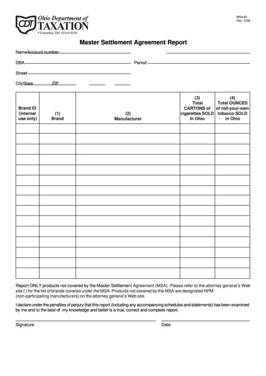 Form Msa 60 - Master Settlement Agreement Report Printable pdf