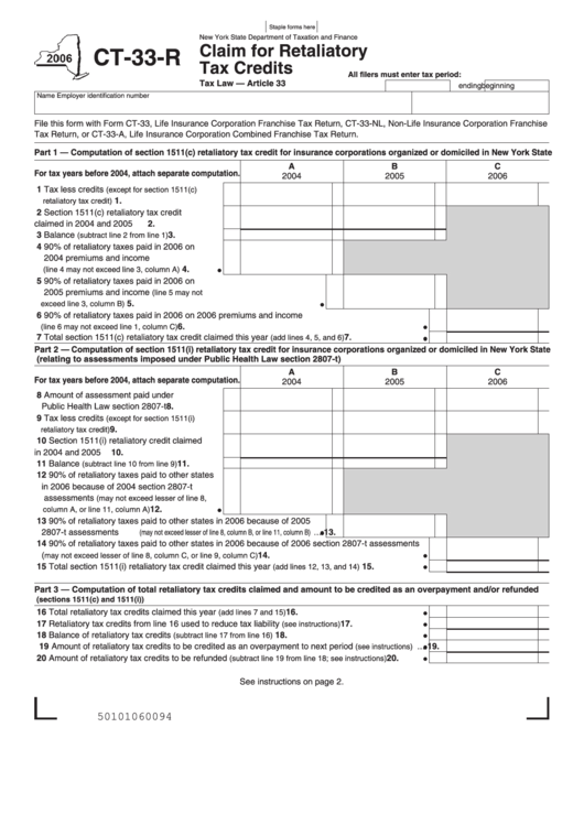 Form Ct-33-R - Claim For Retaliatory Tax Credits Printable pdf