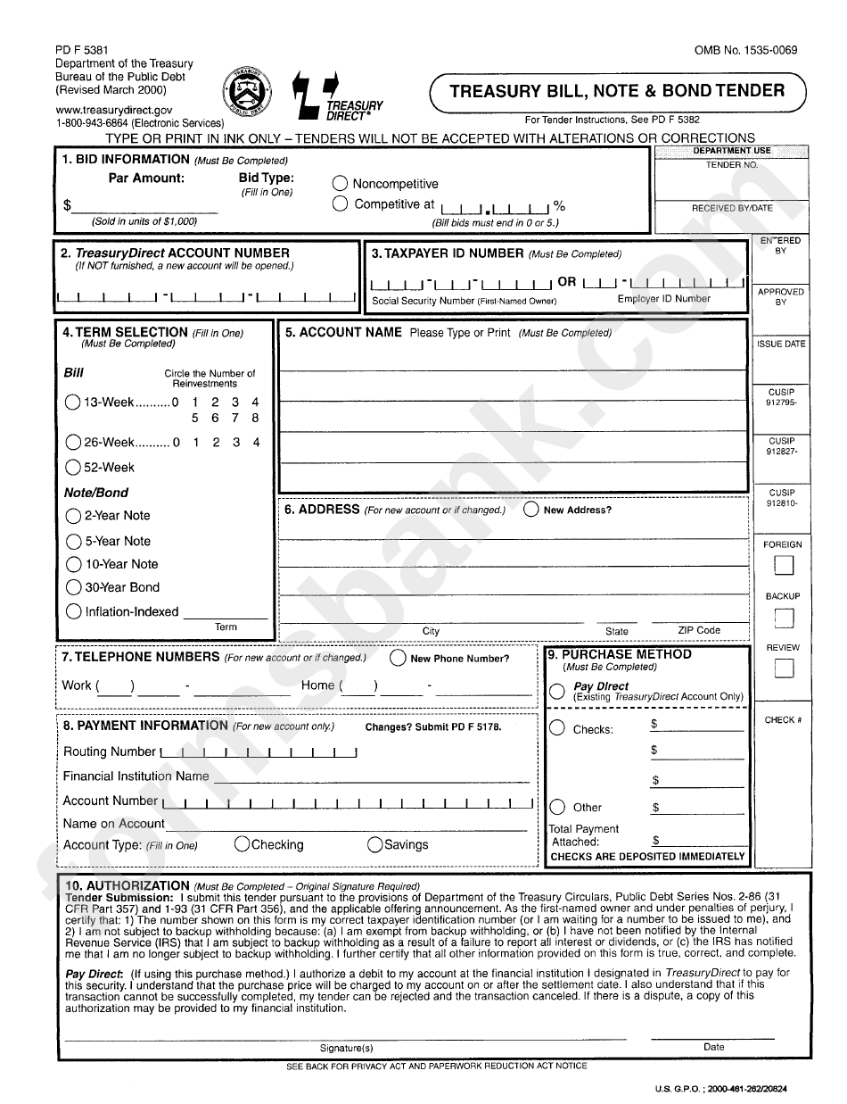 Form Pd F-5381 - Treasury Bill, Note And Bond Tender