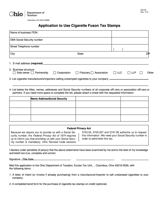Form Cig 23 - Application To Use Cigarette Fuson Tax Stamps Printable pdf