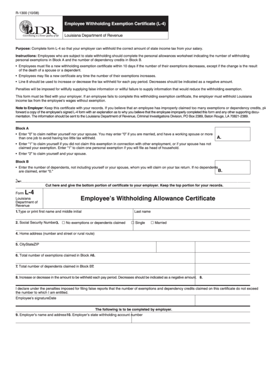 Form R-1300 - Employee Withholding Exemption Certificate (L-4) Printable pdf