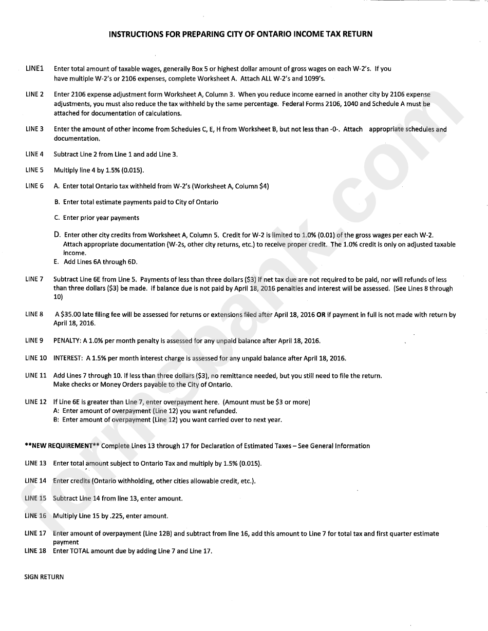 Instructions Sheet For Income Tax Return - City Of Ontario