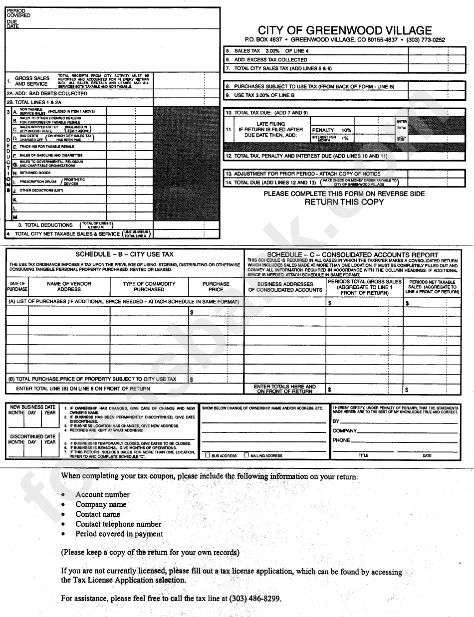 Gross Sales And Service/city Use Tax Form - Greenwood Village - Colorado