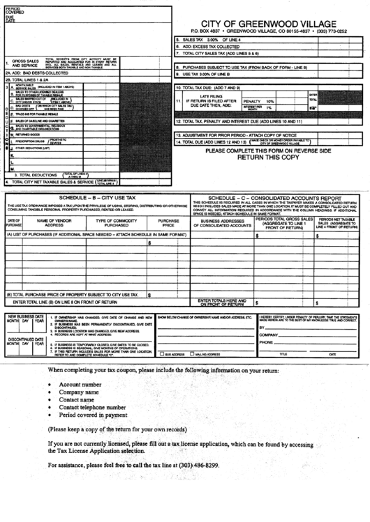 Gross Sales And Service/city Use Tax Form - Greenwood Village - Colorado Printable pdf