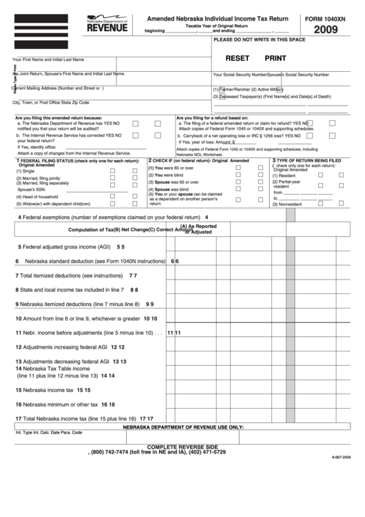Fillable Form 1040xn - Amended Nebraska Individual Income Tax Return 2009 Printable pdf