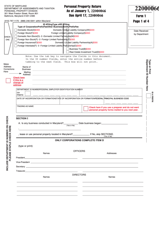 Fillable Form 1 - Personal Property Return - 2006 Printable pdf