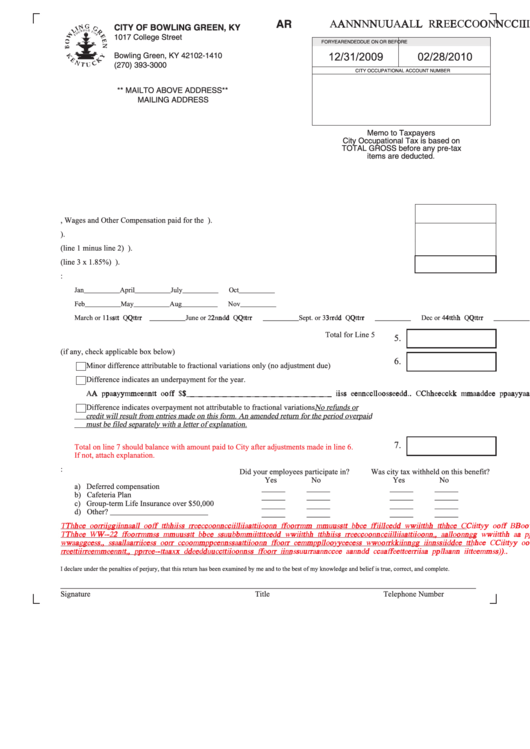 Annual Reconciliation Form - City Of Bowling Green Printable pdf