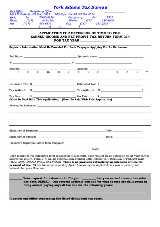 Form 214 - Application For Extension Of Time To File Earned Income And Net Profit Tax Return Printable pdf