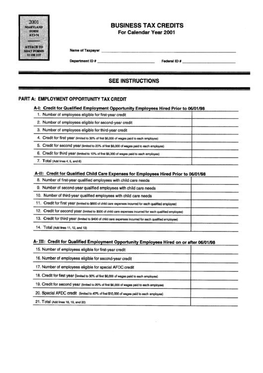 Business Tax Credits For Calendar Year 2001 Form - Maryland Printable pdf