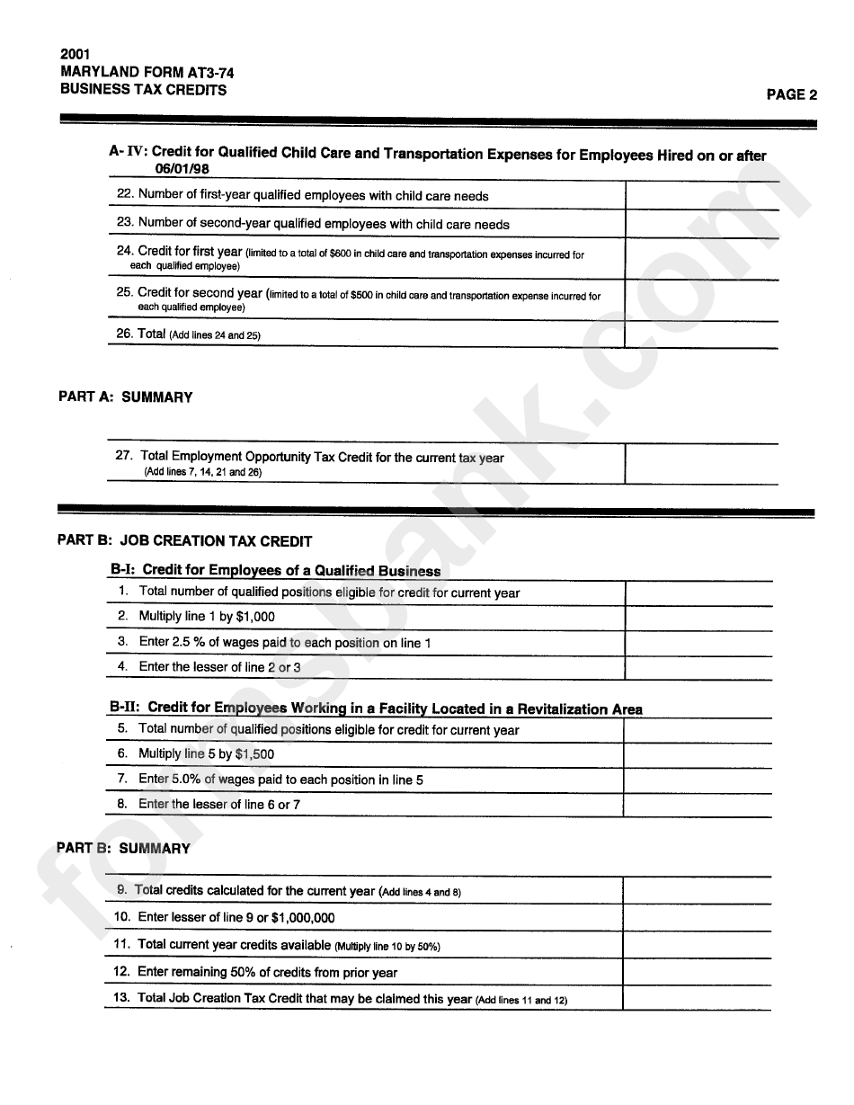 Business Tax Credits For Calendar Year 2001 Form - Maryland