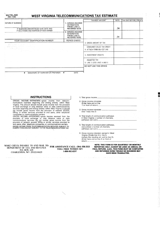 Fillable Form Wv/tel-500 - West Virginia Telecommunications Tax Estimate Printable pdf