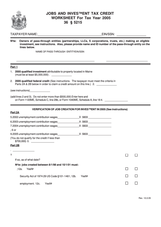 Jobs And Investment Tax Credit Worksheet For Tax Year 2005 Printable pdf