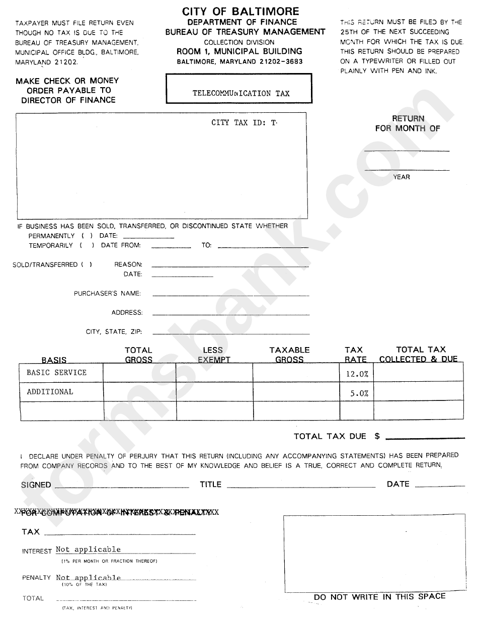 Telecommunication Tax Form - Department Of Finance - City Of Baltimore ...