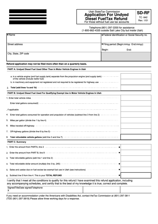 Form Sd-Rf - Application For Undyed Diesel Fuel Tax Refund Form - Utah State Tax Comission Printable pdf