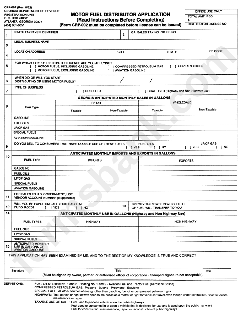 Form Crf-007 - Motor Fuel Distributor Application Form - Georgia Department Of Revenue