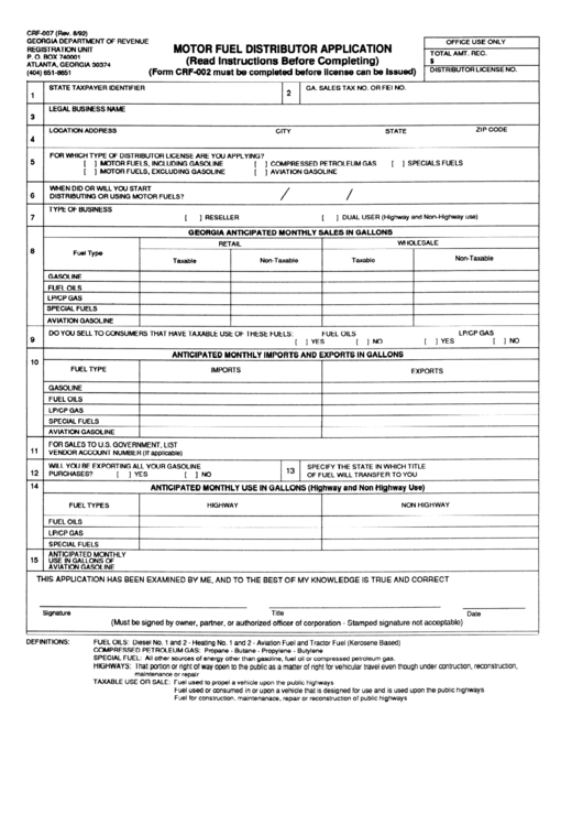 Form Crf-007 - Motor Fuel Distributor Application Form - Georgia Department Of Revenue Printable pdf