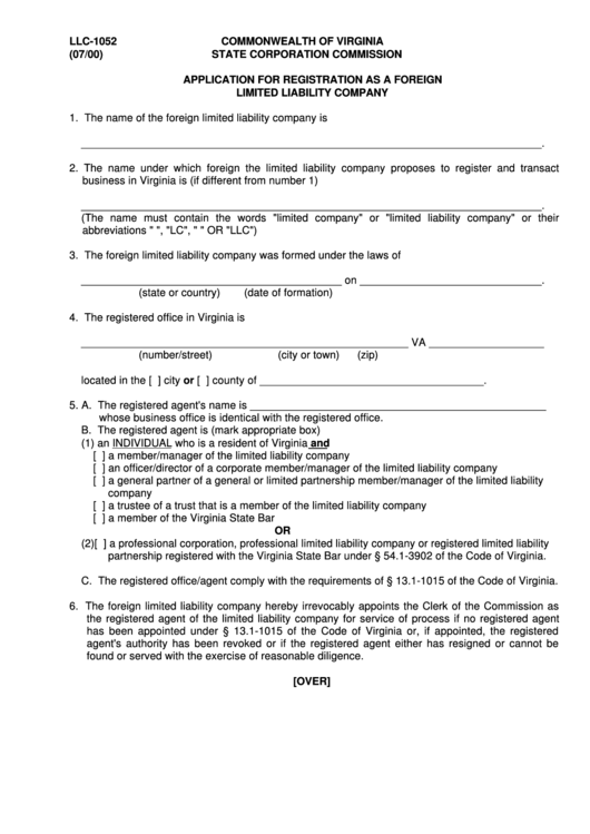 Form Llc-1052 - Application For Registration As A Foreign Limited Liability Company Printable pdf