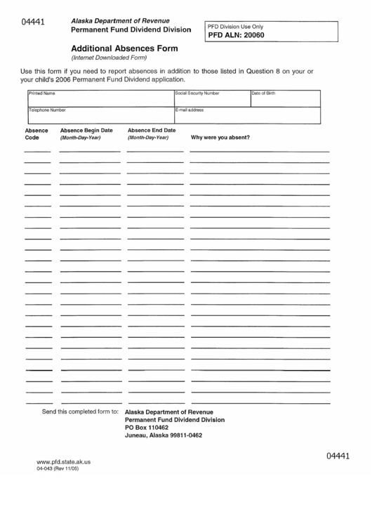 Form 04441 - Additional Absences Form Printable pdf