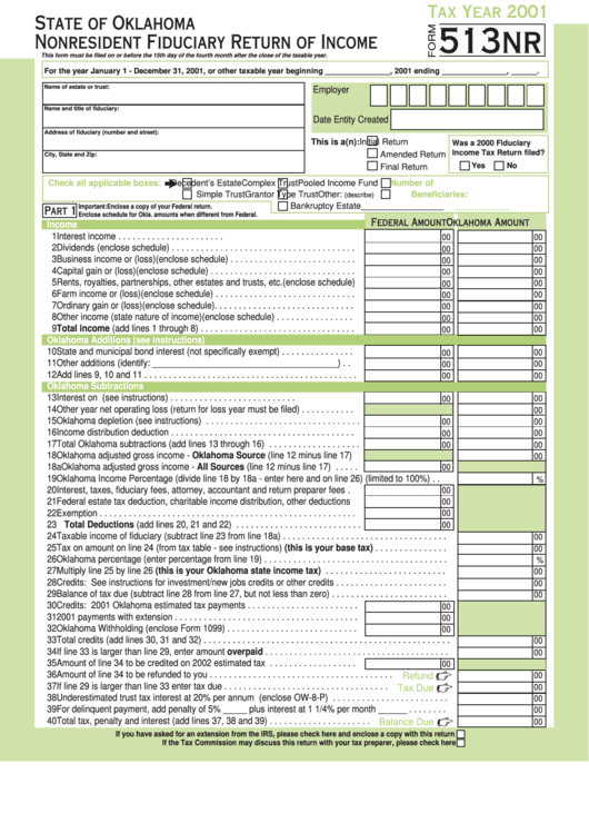 Form 513nr - Oklahoma Nonresident Fiduciary Return Of Income - 2001 Printable pdf