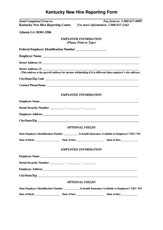 Kentucky New Hire Reporting Form Printable pdf