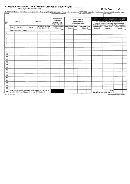 Form Ct-103 - Schedule Of Cigaretts Stamped For Sale Form - Wisconsin Department Of Revenue Printable pdf