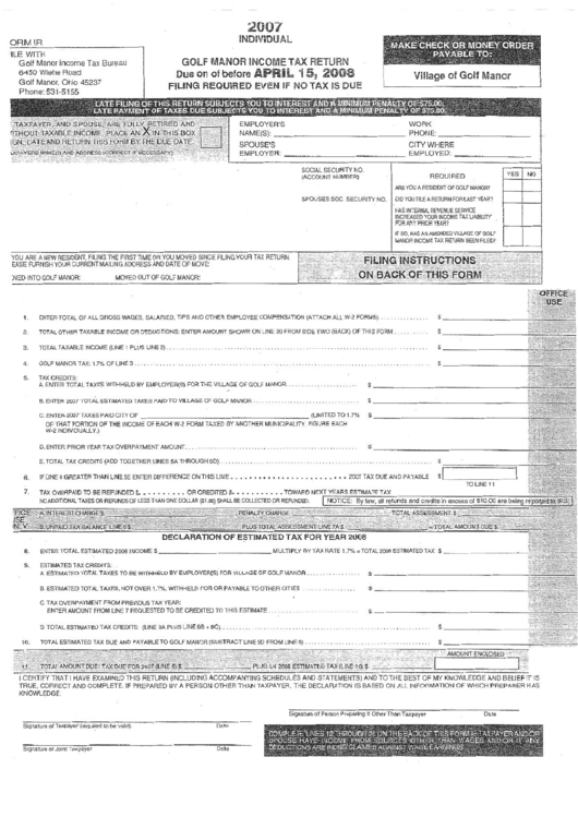 Golf Manor Income Tax Return Form - 2007 Printable pdf