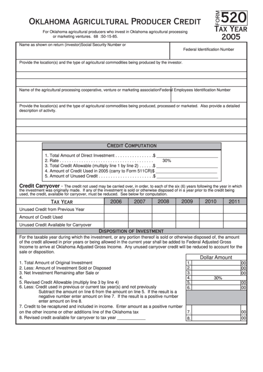 Form 520 - Oklahoma Agricultural Producer Credit - 2005 Printable pdf