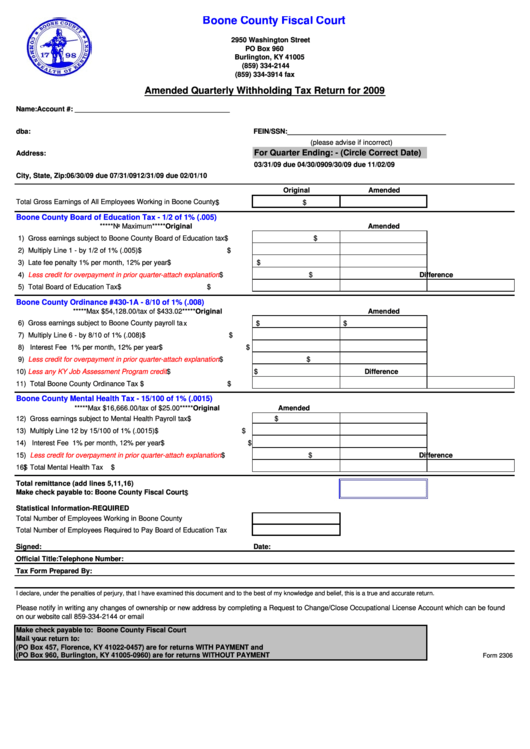 Form 2306 - Amended Quarterly Withholding Tax Return - 2009 Printable pdf