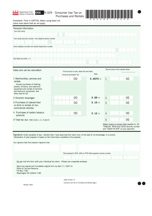 Form Fr-329 - Consumer Use Tax On Purchases And Rentals 2006 Printable pdf